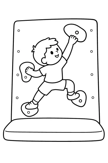 Bambino che si arrampica su una parete con grandi appigli e materasso alla base