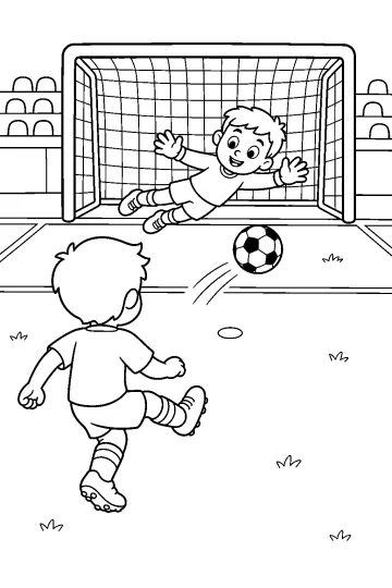 Jeune footballeur tirant le ballon vers un gardien qui plonge devant le filet du but