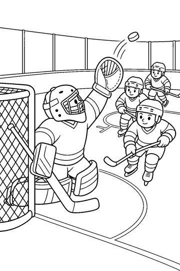Coloriage d'un gardien de hockey levant son gant près du but, avec un palet dans les airs.