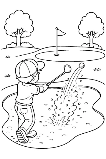 Jeune golfeur frappant une balle depuis un bunker de sable vers un green avec drapeau