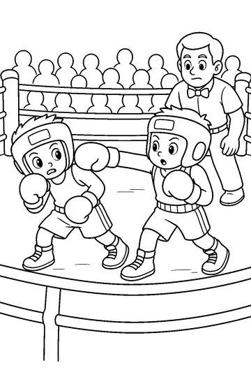 Coloriage de deux jeunes boxeurs sur un ring avec un arbitre et des spectateurs.