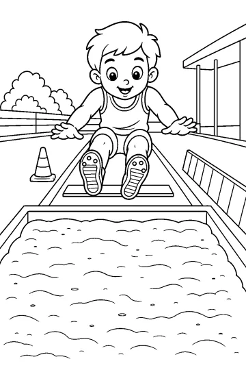 Coloriage d'un enfant sautant sur une piste vers un bac à sable