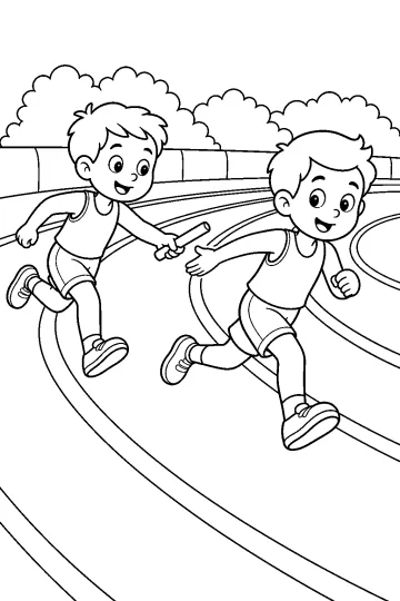 Due bambini corrono su una pista e si passano il testimone durante una staffetta