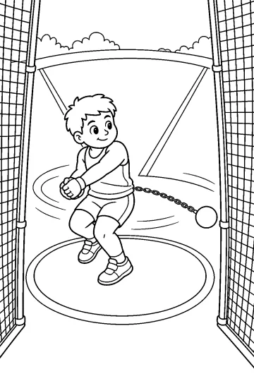 Bambino che pratica il lancio del martello in un cerchio protetto da una gabbia