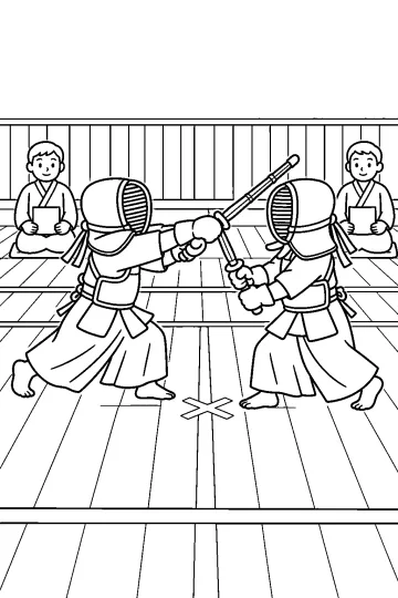 Deux sportifs de kendo en armure s'affrontent avec des sabres en bambou sur un parquet, avec des juges assis en arrière-plan.