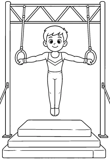 Jeune gymnaste suspendu aux anneaux au-dessus de tapis dans une salle de gym