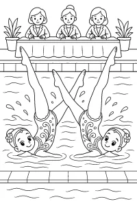 Deux nageuses synchronisées à la piscine dessin à colorier PDF gratuit