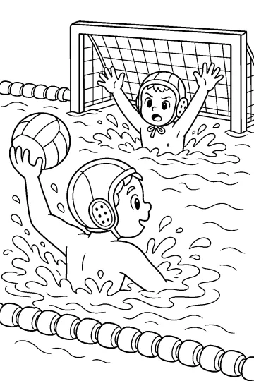 Dibujo para colorear de waterpolo con portero, jugador, balón y portería en una piscina