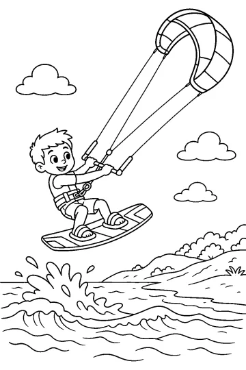 Bambino su una tavola da kitesurf che tiene la barra di controllo sotto un grande aquilone, sopra le onde vicino alla spiaggia.