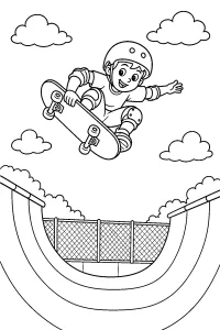 Skateboarder über der Halfpipe malvorlage kostenlos PDF