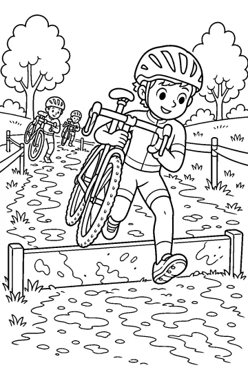 Veldrijder die een fiets over een hindernis draagt op een modderig pad in het bos