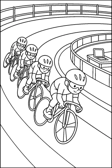 Four young cyclists wearing helmets ride in line on a banked velodrome track.