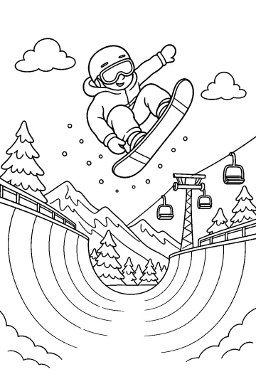 Snowboarder con casco y gafas saltando sobre un halfpipe nevado con montañas, pinos y telecabinas.