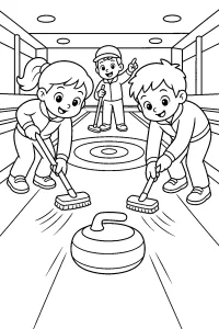 Bambini che spazzano nel curling disegno da colorare PDF gratis