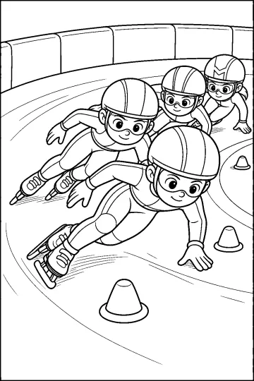 Quattro giovani pattinatori di short track inclinati in curva su una pista di ghiaccio con coni.