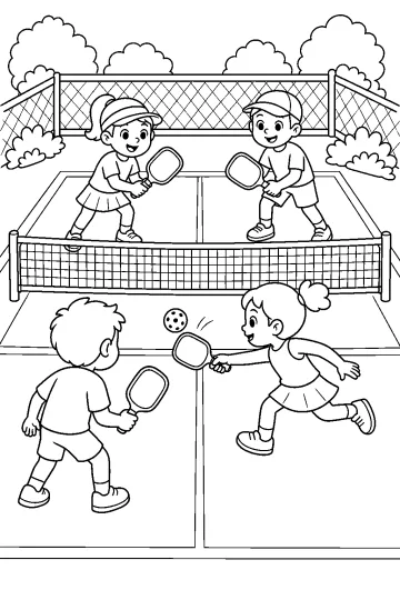 Quattro bambini giocano a pickleball su un campo con rete, racchette e pallina.