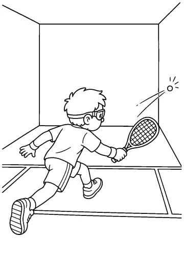 Jeune joueur de racquetball avec des lunettes de protection et une raquette sur un terrain fermé