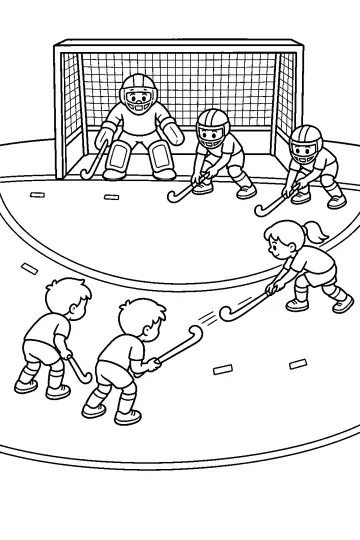 Niños jugando al hockey sobre hierba ante una portería con red y portero