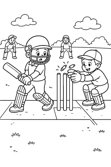 Coloriage de cricket avec un gardien attrapant la balle, un batteur avec une batte et des bails qui s'envolent du wicket.