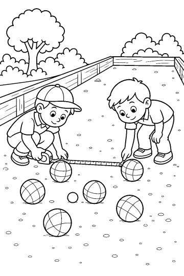Dos niños miden bolas de bochas con una cinta métrica en una pista de grava con bordes de madera.