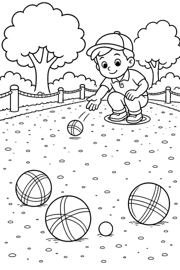 Enfant accroupi sur un terrain de gravier jouant à la pétanque avec des boules et un cochonnet