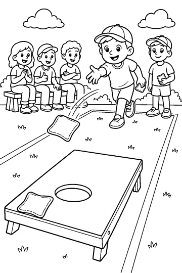 Disegno da colorare di bambini che giocano a cornhole su un prato, con una tavola e sacchetti