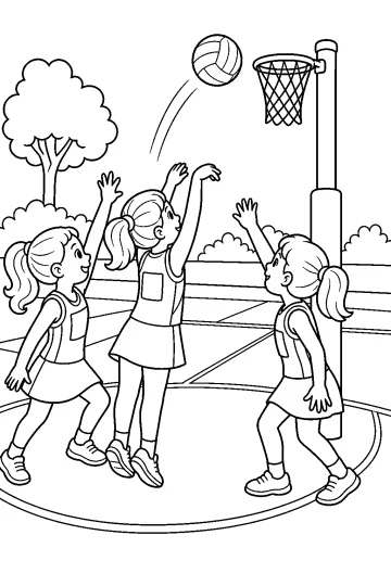 Criança lançando uma bola em direção à cesta de basquete em uma quadra ao ar livre, com outras crianças ao lado.