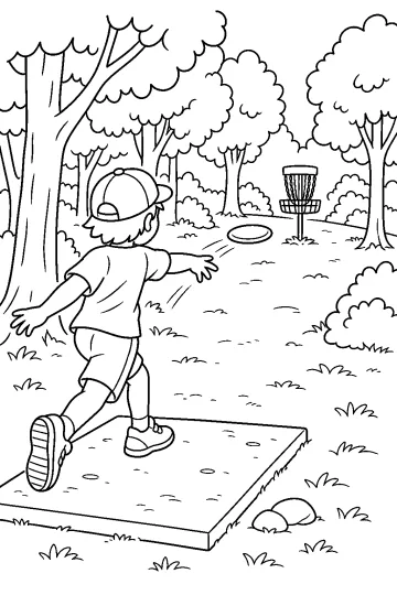 Dibujo para colorear de un jugador de disc golf lanzando un disco hacia una canasta de cadenas entre árboles.
