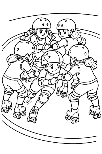 Patinadoras de roller derby con cascos y patines de ruedas en una pista ovalada