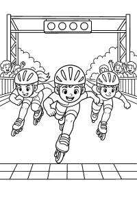 Drie kinderen in een skeelerwedstrijd kleurplaat gratis PDF