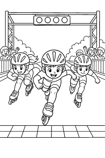 Drie kinderen met helmen racen op skeelers onder een groot baanbord, met toeschouwers aan beide kanten.