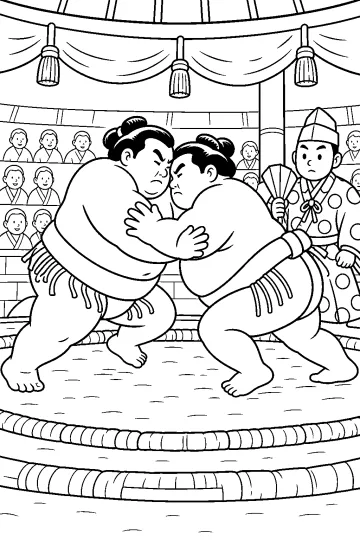 Deux lutteurs de sumo dans un ring avec un arbitre et des spectateurs