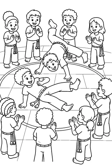 Deux enfants font des mouvements de capoeira dans un cercle d'enfants qui applaudissent.