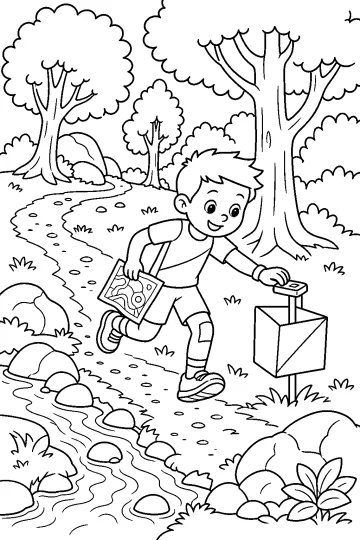 Bambino che corre nel bosco con una mappa verso un punto di controllo per orienteering