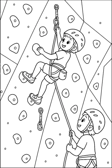 Bambino con casco e imbrago che arrampica su una parete con corda, mentre un altro bambino fa sicura sotto.