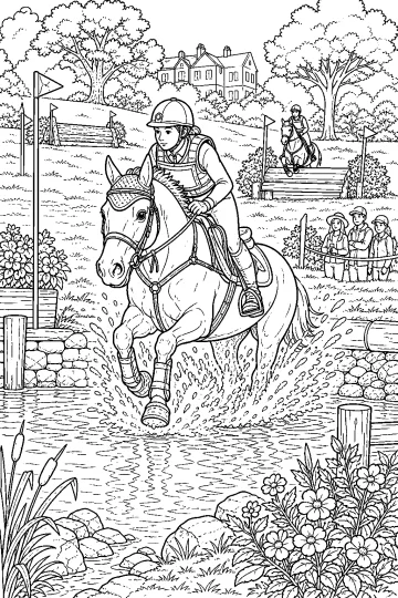 Cavalo de concurso com cavaleiro atravessando a água, com cercas, espectadores, outro cavaleiro e casa de campo ao fundo.