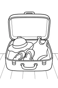 Maleta abierta con sombrero y sandalias dibujo para colorear PDF gratis