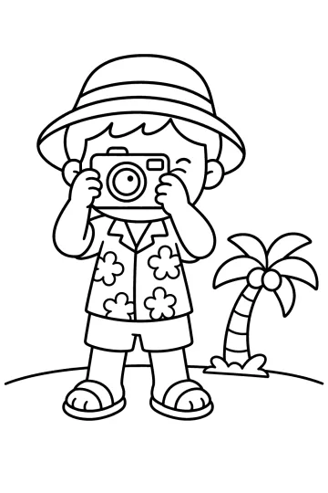 Desenho para colorir de um pequeno turista com chapéu e máquina fotográfica ao lado de uma palmeira