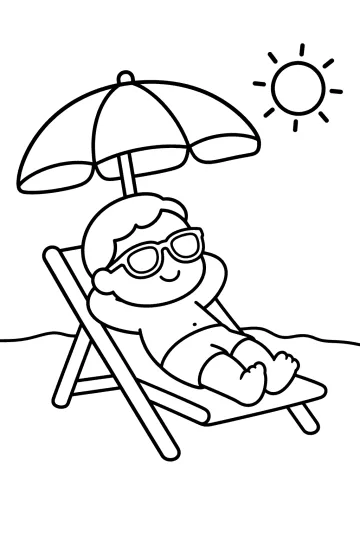 Disegno da colorare di un bambino con occhiali da sole rilassato su una sdraio sotto un ombrellone, con il sole.