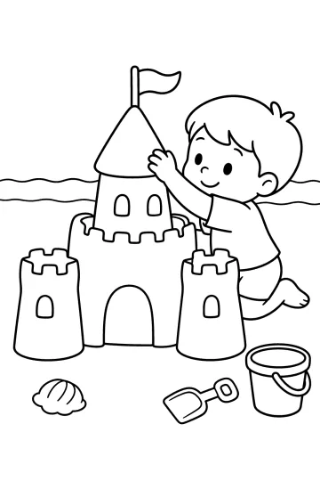 Bambino inginocchiato che costruisce un castello di sabbia con bandierina, secchiello e paletta sulla spiaggia