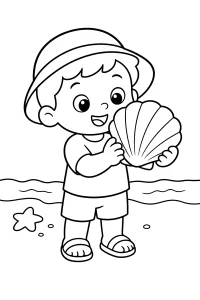 Bambino con grande conchiglia sulla spiaggia disegno da colorare PDF gratis