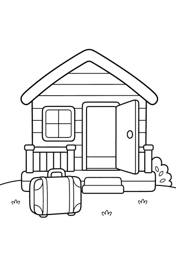 Ausmalbild eines Bungalows mit offener Tür, Veranda, Koffer und Busch.