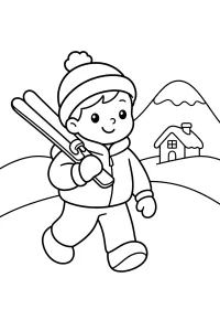 Bambino con sci davanti allo chalet disegno da colorare PDF gratis