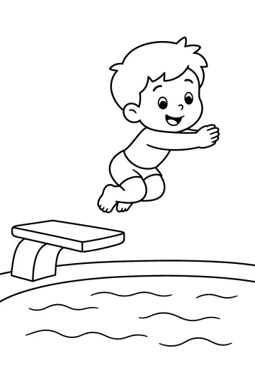 Bambino sorridente che salta da un trampolino sopra una piscina con onde