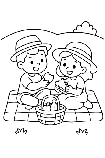 Due bambini con cappelli seduti su una coperta da picnic con un cestino davanti