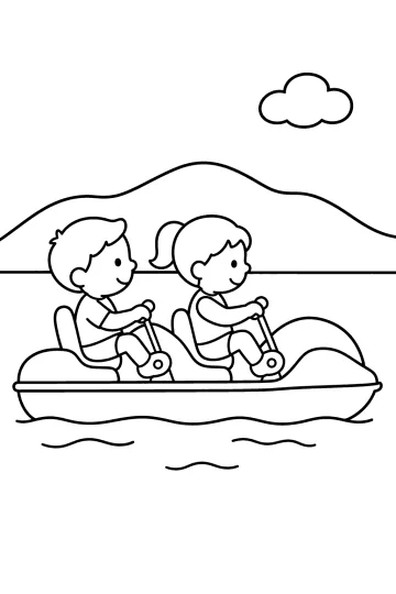 Due bambini su un pedalò in un lago con onde, collina e nuvola