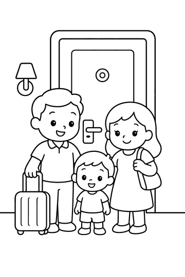 Famiglia con un bambino davanti alla porta di una camera d'hotel, con valigia su ruote e lampada a parete.