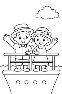 Bambini che salutano dal ponte della nave disegno da colorare PDF gratis