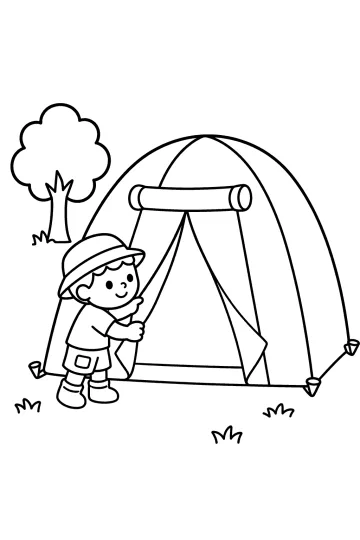 Child opening the entrance of a large camping tent with a tree in the grass
