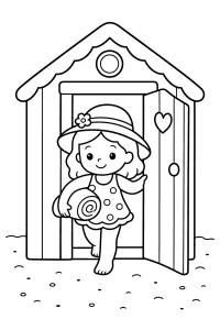 Bambina davanti alla cabina sulla spiaggia disegno da colorare PDF gratis